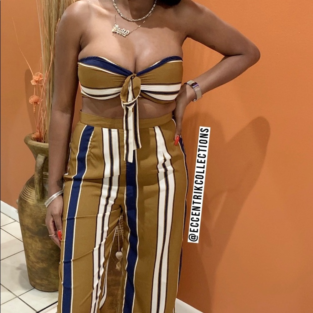 Coffee Tie Front Crop Top & Wide Leg Matching Set